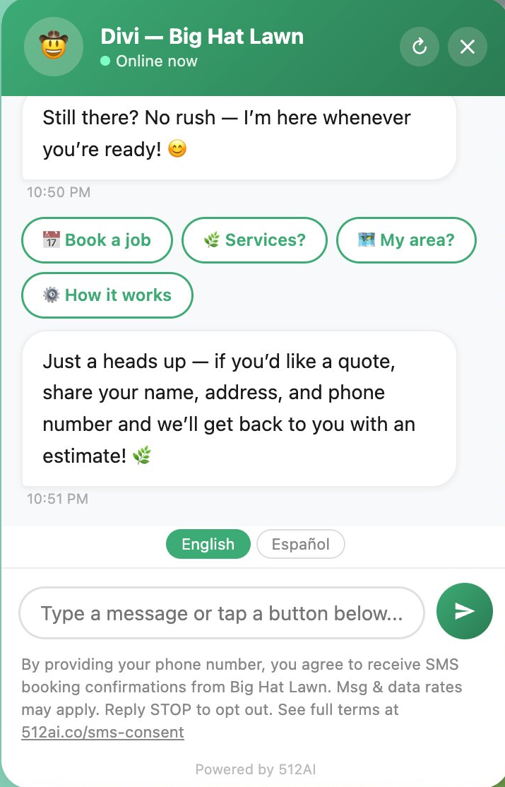Big Hat Lawn chat widget showing SMS opt-in disclosure at point of phone number entry